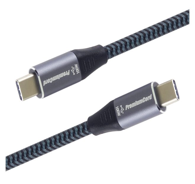 PremiumCord USB-C kabel bavlněný oplet 1m, 5A, 100W, 20Gbit/s